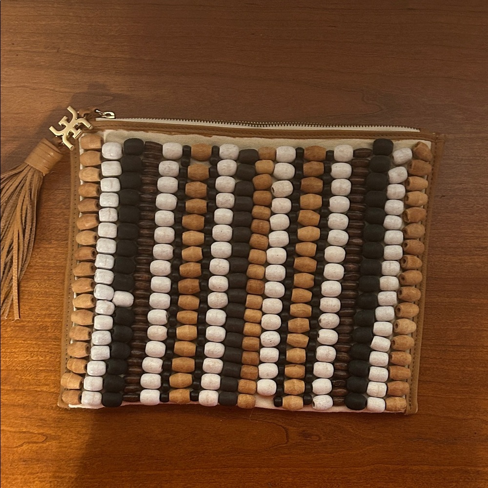 Tory Burch Beaded Wristlet - Black, White, Tan